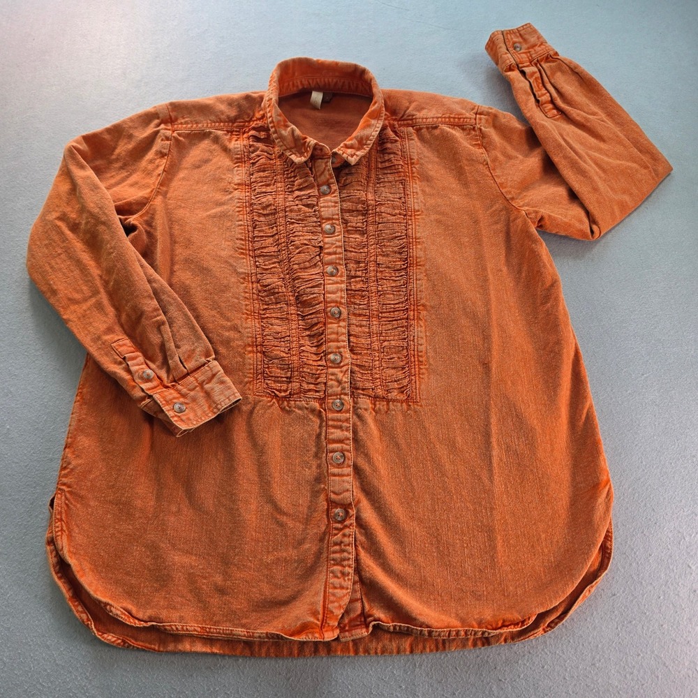 Pilcro Orange Cotton Linen Ruffle Bib Button Down Shirt M Boho Cottagecore